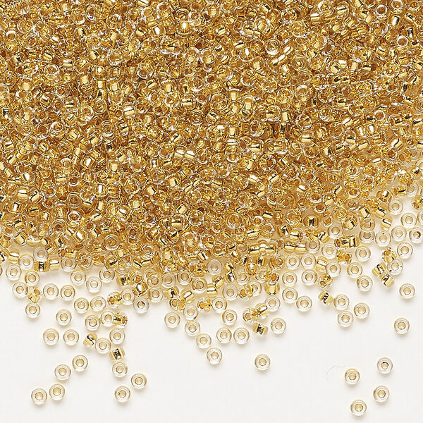Seed bead, Miyuki, glass, pkg/4g, #15 rocaille, translucent 24Kt gold-lined crystal gold, (RR-195). image number 0