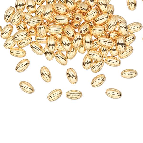 Bead, gold-plated brass, 5x3mm corrugated oval. Sold per pkg of 100. image number 0