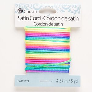 Cord, satin, neon rainbow, 2mm round. Sold per pkg of 5 yards.
