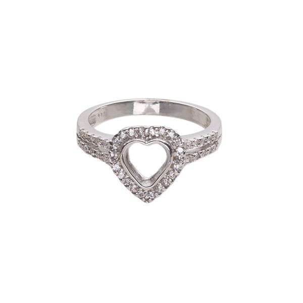 Ring, cubic zirconia and rhodium-plated sterling silver, clear, 11.5mm wide with open back and 6mm heart glue-in setting, size 7. Sold individually. image number 0