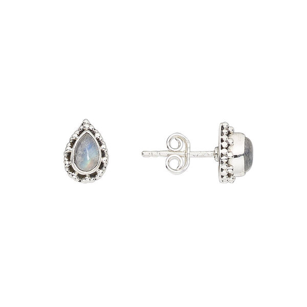Earstud, rainbow moonstone (natural) and antiqued sterling silver, 9mm with 6x4mm teardrop and post. Sold per pair. image number 0