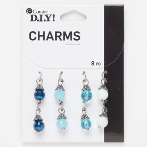 Drop, silver-finished "pewter" (zinc-based alloy) and glass, mixed colors, 12x8mm round. Sold per pkg of 8.