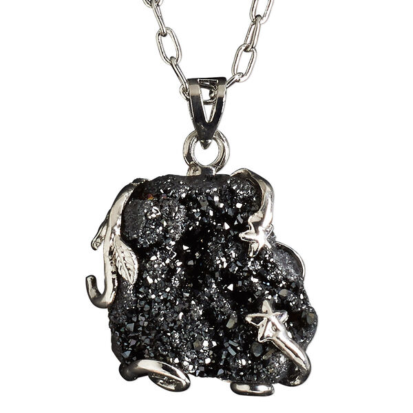 Necklace, electroplated druzy agate (coated) and imitation rhodium-plated brass, black, 30x20mm-38x28mm hand-cut wire-wrapped freeform, 20 inches with 2-1/2 inch extender chain and lobster claw clasp. Sold individually. image number 0