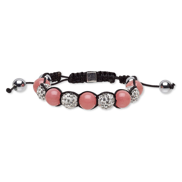 Bracelet, quartz (dyed) / glass rhinestone / nylon / polymer clay / silver-plated "pewter" (zinc-based alloy), multicolored, 12mm round, adjustable from 5-1/2 to 8-1/2 inches with macramé knot closure. Sold individually. image number 0