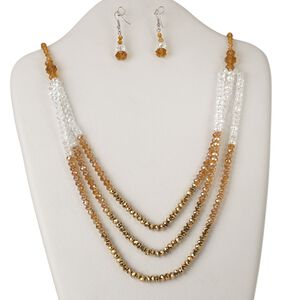 Necklace and earring set, glass and silver-finished steel, clear AB and topaz brown with multi-finish, rondelle and bicone, 30-inch continuous loop, 43x10mm earrings with fishhook ear wire. Sold per set.