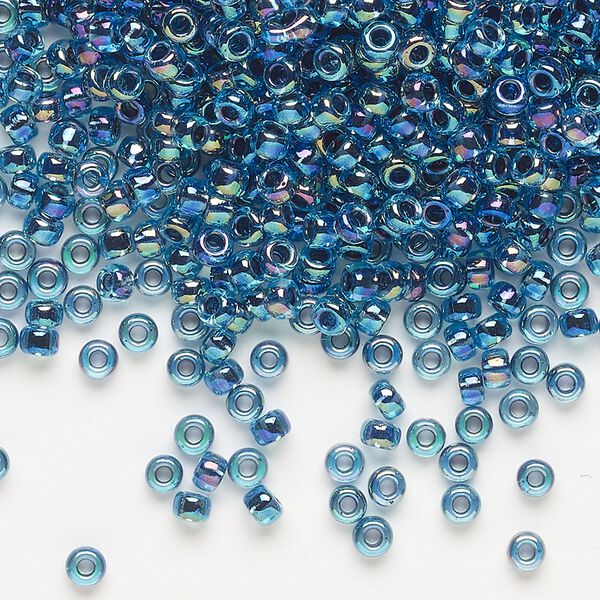 Seed bead, Miyuki, glass, pkg/50g, #8 rocaille, translucent blue-lined rainbow aqua (RR-339). image number 0