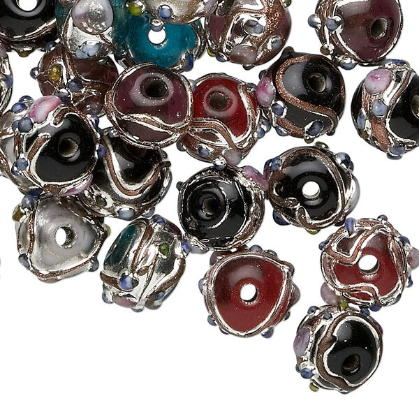 Bead mix, lampworked glass, purple / red / green / white / black with silver-colored finish, 10x8mm rondelle. Sold per 50-gram package, approximately 40-50 beads. image number 0