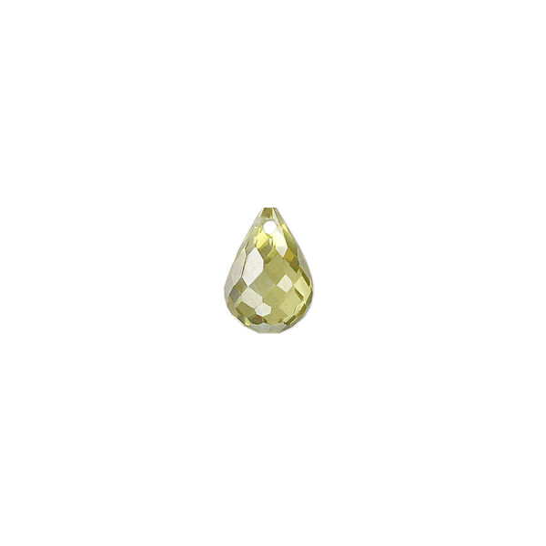 Bead, cubic zirconia, peridot green, 10x7mm top-drilled faceted teardrop, Mohs hardness 8-1/2. Sold per pkg of 2. image number 0
