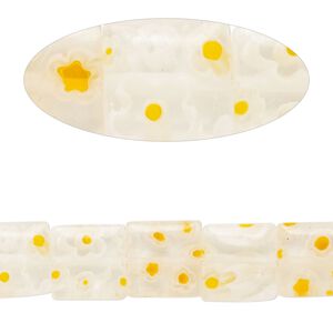 Bead, millefiori glass, translucent clear / white / orange, 9mm-11x10mm puffed square with flower design. Sold per 14-inch strand.