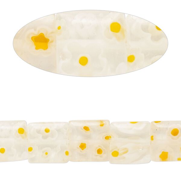 Bead, millefiori glass, translucent clear / white / orange, 9mm-11x10mm puffed square with flower design. Sold per 14-inch strand. image number 0