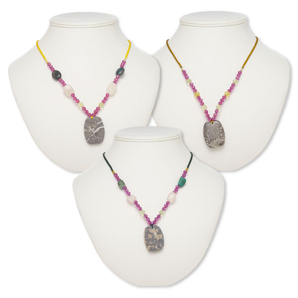 Component mix, portoro marble / multi-gemstone (natural / dyed) / nylon / acrylic / glass, multicolored, 38x28mm-39x29mm barrel, 20-inch continuous loop. Sold per pkg of 3. image number 0