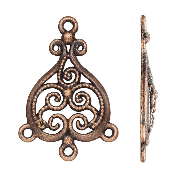 Drop, antique copper-finished "pewter" (zinc-based alloy), 29x21mm single-sided domed filigree spade with 3 closed loops. Sold per pkg of 10. image number 0