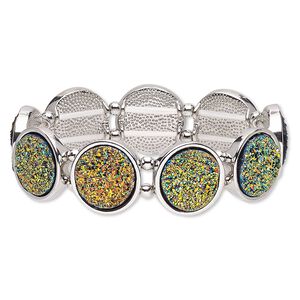 Bracelet, stretch, druzy (imitation) / silver-coated plastic / silver-plated "pewter" (zinc-based alloy), multicolored, 19mm wide with 19mm flat round, 6-1/2 inches. Sold individually.