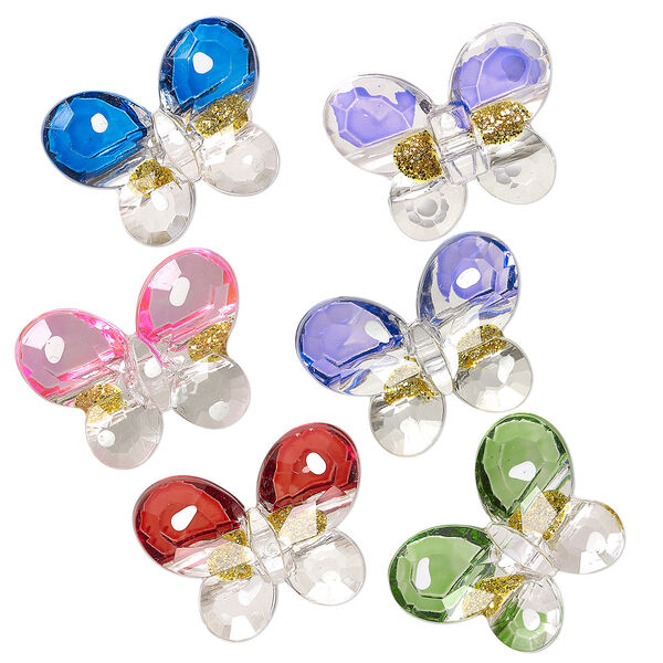 Button mix, painted acrylic, clear / white / mixed colors, 28x21mm single-sided butterfly with spots and gold-colored glitter. Sold per pkg of 24. image number 0