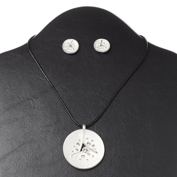 Necklace and earring set, Everyday Jewelry, crystals / leather (dyed) / silver-finished steel and "pewter" (zinc-based alloy), black and crystal clear, 44mm round, 16-inch necklace with 3-inch extender chain and lobster claw clasp, 14mm round earrings with post. Sold per set. image number 0