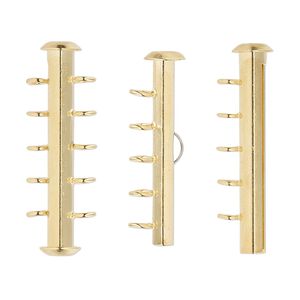 Clasp slide lock 1pkg4 gold-plated, 31x6mm round tube, brass 5-strand
