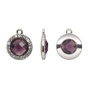Drop, glass / glass rhinestone / imitation rhodium-finished "pewter" (zinc-based alloy), clear and transparent amethyst purple, 17mm single-sided round. Sold per pkg of 2.