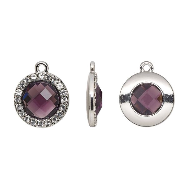 Drop, glass / glass rhinestone / imitation rhodium-finished "pewter" (zinc-based alloy), clear and transparent amethyst purple, 17mm single-sided round. Sold per pkg of 2. image number 0