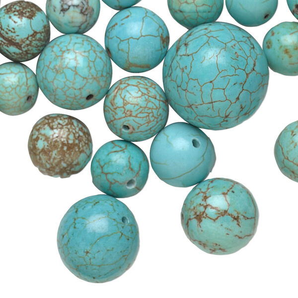 Bead mix, magnesite (dyed / stabilized), blue and green, 9-20mm round, Mohs hardness 3-1/2 to 4. Sold per pkg of 1/2 pound, approximately 80 beads. image number 0