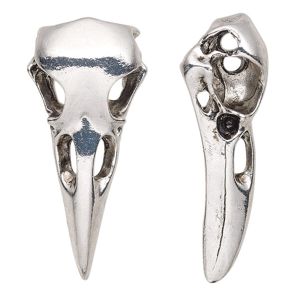 Focal, antique silver-finished "pewter" (zinc-based alloy), 41x18mm double-sided 3D raven skull. Sold per pkg of 2. image number 0