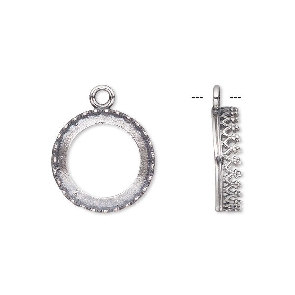Drop, JBB Findings, antiqued sterling silver, 15.5mm open round with filigree edge, 14.5mm round bezel setting. Sold individually. image number 0