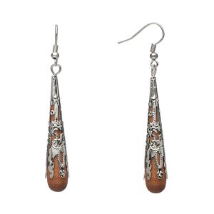 Earring, imitation rhodium-plated steel and wood, 50mm filigree capped teardrop, 2-1/2 inches with fishhook ear wire. Sold per pair.