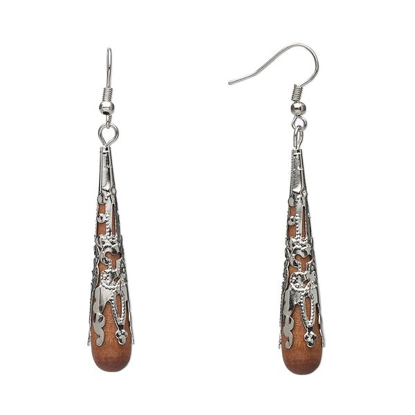 Earring, imitation rhodium-plated steel and wood, 50mm filigree capped teardrop, 2-1/2 inches with fishhook ear wire. Sold per pair. image number 0