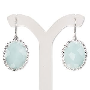 Earring, glass and rhodium-plated brass, light pastel green, 33mm with beaded oval and fishhook ear wire. Sold per pair.