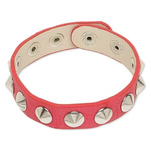 Bracelet, imitation leather and imitation rhodium-finished steel, pink, 15mm wide with studs, adjustable at 6-1/2 and 7 inches with snap closure. Sold individually.