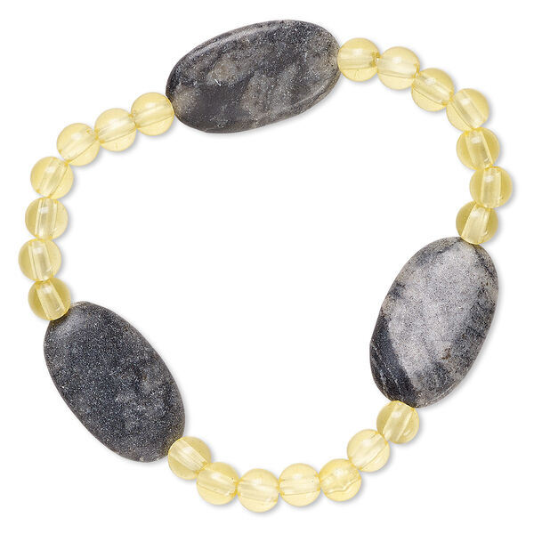 Bracelet, stretch, Picasso marble (natural) and acrylic, yellow, 5mm round and 24x14mm-25x15mm flat oval, 6-1/2 inches. Sold individually. image number 0