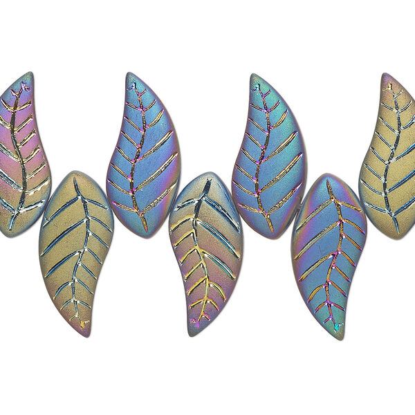 Bead, glass, opaque matte iris, 18x8mm top-drilled curved leaf. Sold per 8" strand. image number 0