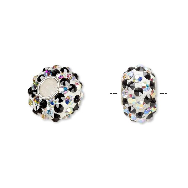 Bead, Dione®, Czech glass rhinestone / epoxy / sterling silver grommets, white / clear AB / black, 14x8mm rondelle with spiral design, 4.5mm hole. Sold individually. image number 0