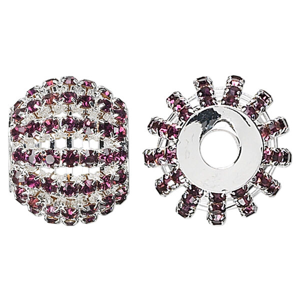 Bead, glass rhinestone and silver-finished brass, purple, 25x20mm barrel with 3mm chatons, 6.5mm hole. Sold individually. image number 0