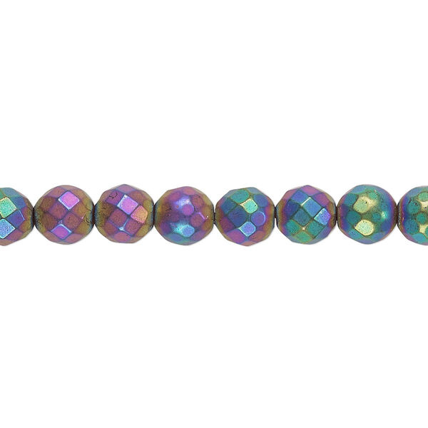 Bead, electroplated Hemalyke™, matte rainbow, 6mm faceted round. Sold per 15-1/2" to 16" strand. image number 0