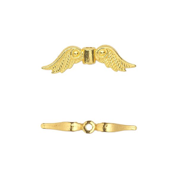 Bead, gold-finished "pewter" (zinc-based alloy), 23x6mm double-sided angel wings. Sold per pkg of 20. image number 0