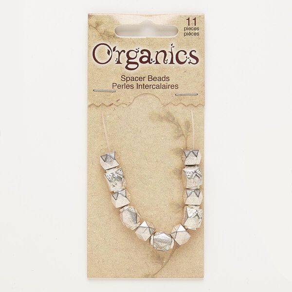 Bead, silver-finished "pewter" (zinc-based alloy), 8x6mm matte faceted drum with 3mm hole and 10x8mm matte faceted puffed rectangle with 3mm hole. Sold per pkg of 11. image number 0