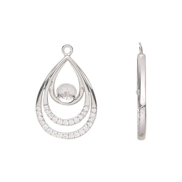Drop, rhodium-plated sterling silver and cubic zirconia, clear, 20.5x15mm teardrop with 4.5mm cup and 1mm peg, fits 6mm half-drilled bead. Sold individually. image number 0