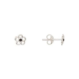 Earstud, Create Compliments®, sterling silver and crystal, jet, 6mm flower. Sold per pair.