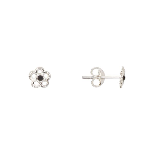 Earstud, Create Compliments®, sterling silver and crystal, jet, 6mm flower. Sold per pair. image number 0