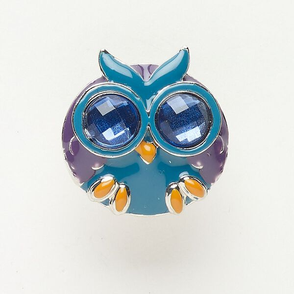 Bead, slide, brass / acrylic / enamel, pkg/1, 25x24mm owl, silver finish and multicolored. image number 0