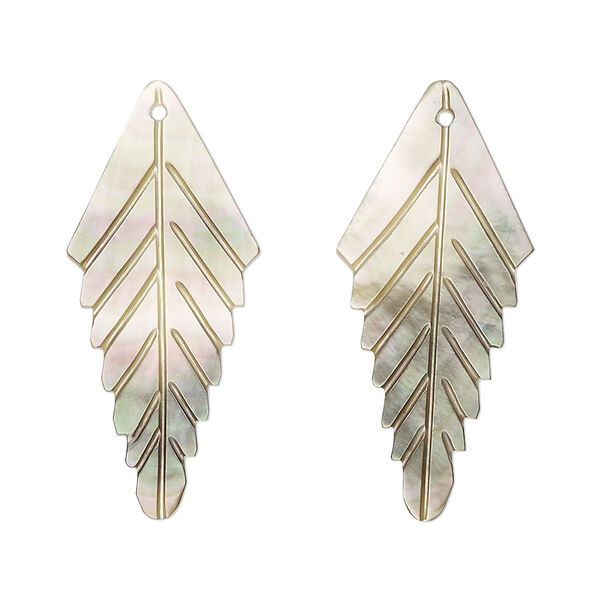 Focal, black lip shell (natural), 33x14mm hand-cut top-drilled single-sided carved leaf, Mohs hardness 3-1/2. Sold per pkg of 2. image number 0
