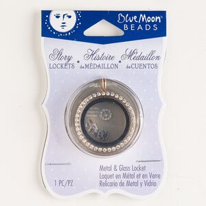 Pendant, rose gold-finished brass and glass, clear, 30mm round locket with magnetic closure. Sold individually.