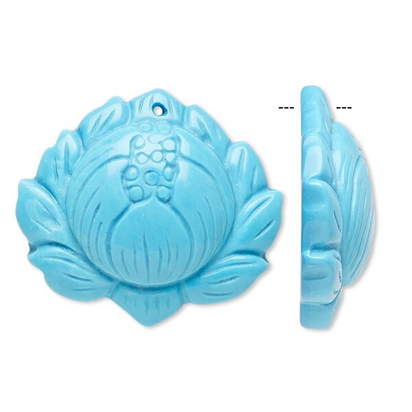 Focal, magnesite (dyed / stabilized), blue, 30x27mm hand-carved lotus flower, B grade, Mohs hardness 3-1/2 to 4. Sold individually. image number 0