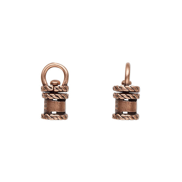 Crimp end, JBB Findings, antique copper-plated brass, 10x6.5mm tube with swivel, loop and rope trim design, 4mm inside diameter. Sold per pkg of 2. image number 0