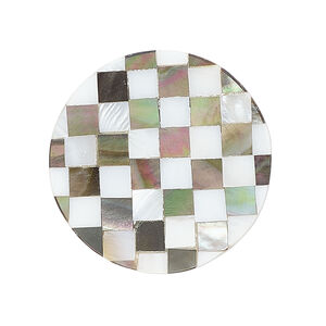 Focal, black lip shell / mother-of-pearl shell / resin (assembled) 1pkg1, 30-31mm undrilled 1sided round with checkerboard pattern.