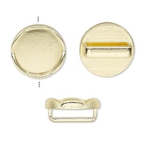 Slide, gold-finished "pewter" (zinc-based alloy), 17mm round with scalloped edge and 14mm round setting, 12.5x2.5mm hole. Sold per pkg of 6.