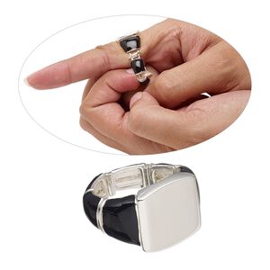 Ring, stretch, enamel and silver-finished "pewter" (zinc-based alloy), black, 15.5mm wide with 16x5.5mm rectangle setting, size 8-1/2. Sold individually.