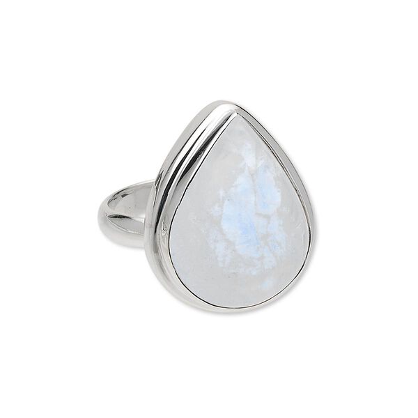 Ring, sterling silver and rainbow moonstone (natural), 20x14mm teardrop cabochon, size 8. Sold individually. image number 0