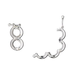 Clasp 1pkg1 silver-plated, 15x8mm hinged figure 8 / safety latch / 4mm opening, brass 1-strand