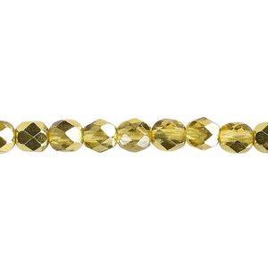 Bead, Czech fire-polished glass, opaque to translucent metallic yellow gold, 6mm faceted round. Sold per pkg of 1,200 (1 mass).